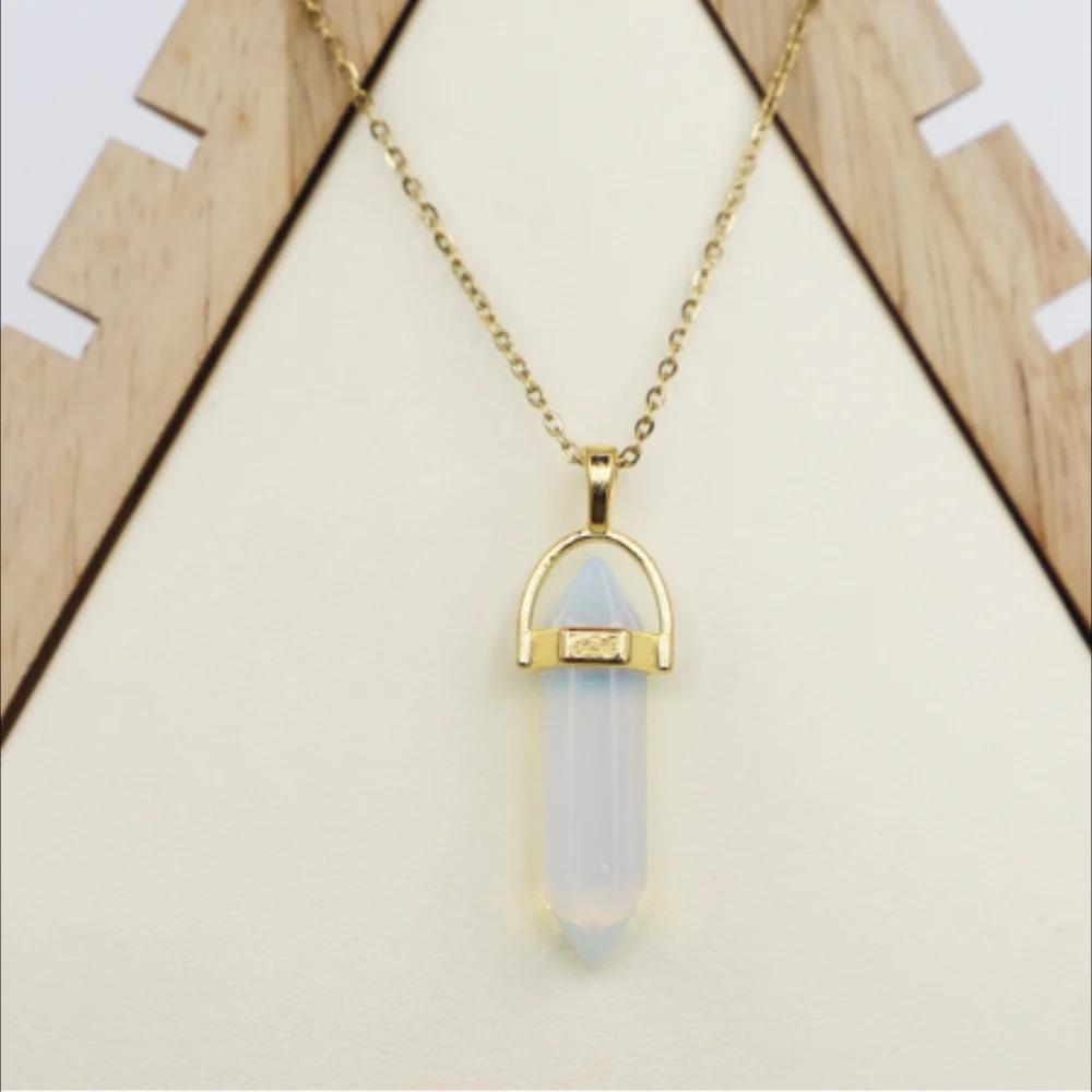 Crystal Agate Hexagonal Pendant Necklace with Gold Alloy Chain and Adjustable Extension