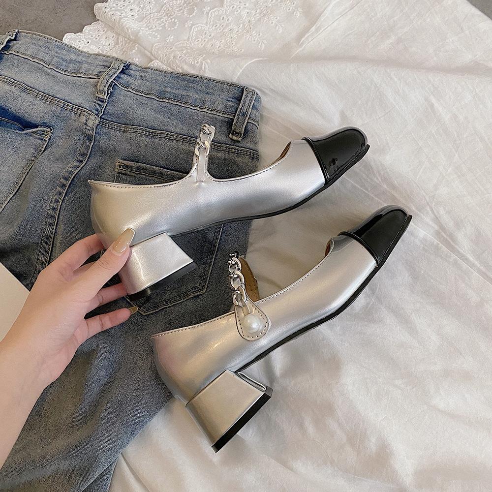 

Mary Jane shoes thick heels 2021 new spring color matching single shoes student high heels small leather shoes women s British fashion 40 серебряный