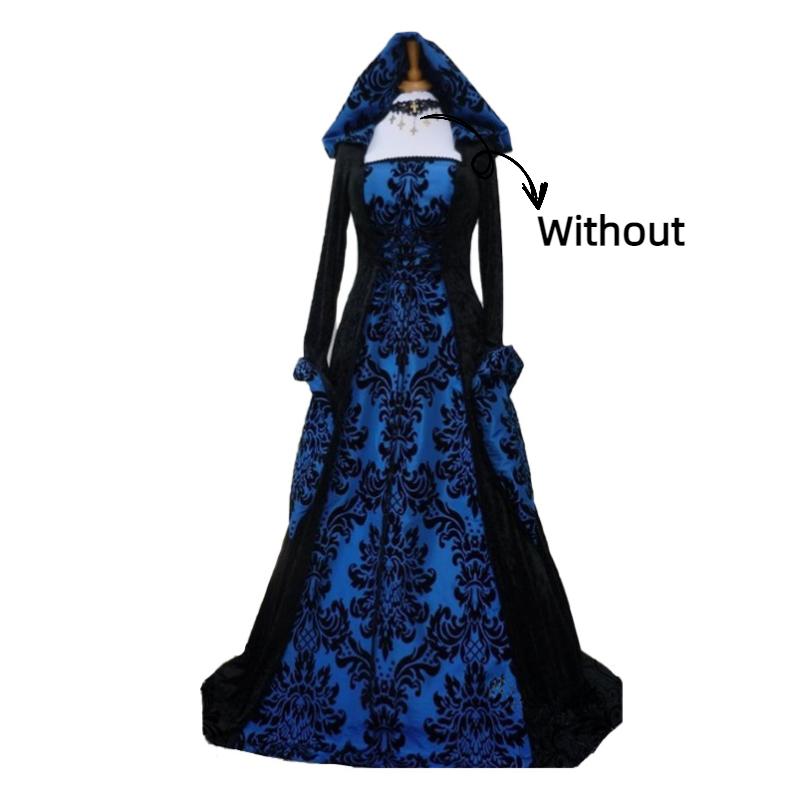 

Женское банкетное средневековое платье с капюшоном, цветочным принтом, длинными рукавами, кулиской на талии 2XL синий