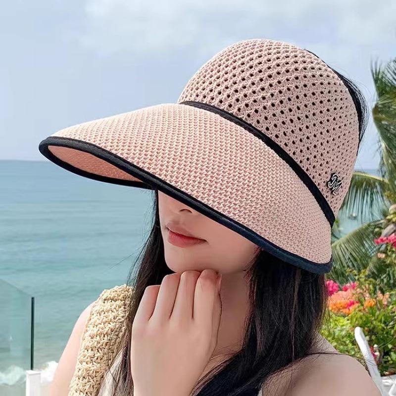 Sonnenhut mit großer Krempe, leerer Oberseite, Sonnenschutz für den Sommer, atmungsaktiv, breiter Strandhut, UV-Schutz, für Reisen, verstellbarer Sonnenhut, faltbare Kopfbedeckung aus Stroh, ausgehöhlte Kappe