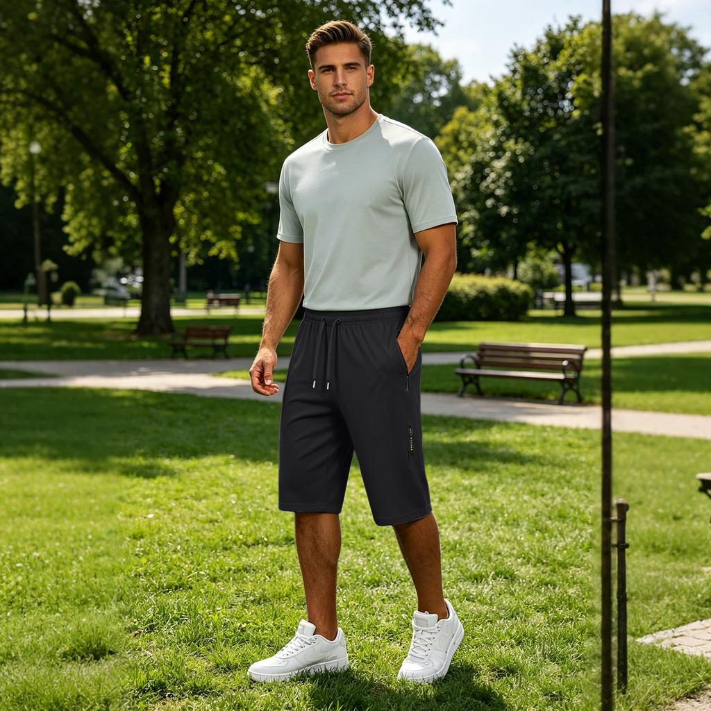 Men’s Ultra Lightweight Stretchy Ice Silk Seven Tenth Length Pants with Elastic Waistband and Zipper Pockets for Everyday Wear