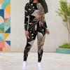 Women Plus Size Two Piece Set Round Neck Long Sleeve Black Gold Printed Top Fitted Pants