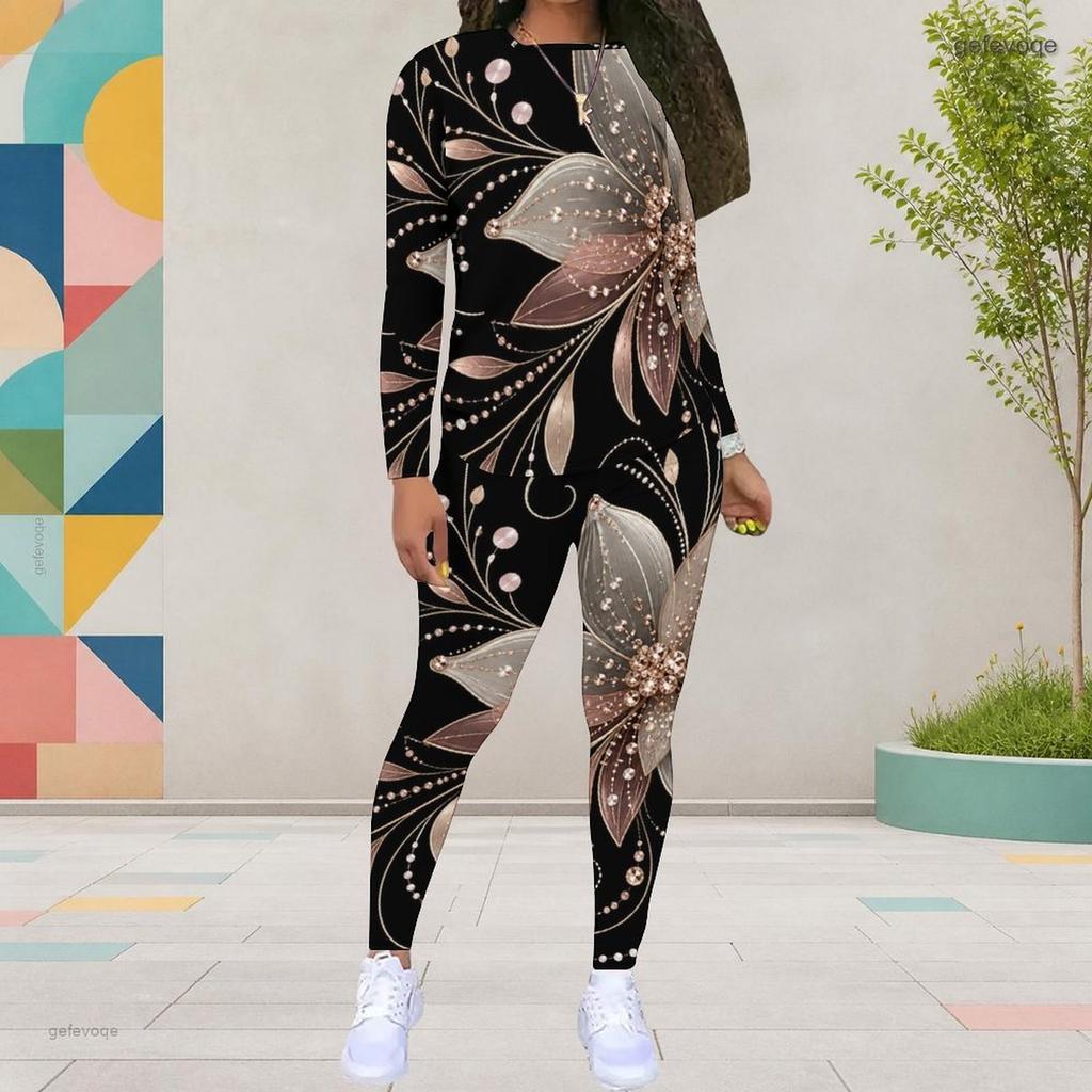 Women Plus Size Two Piece Set Round Neck Long Sleeve Black Gold Printed Top Fitted Pants