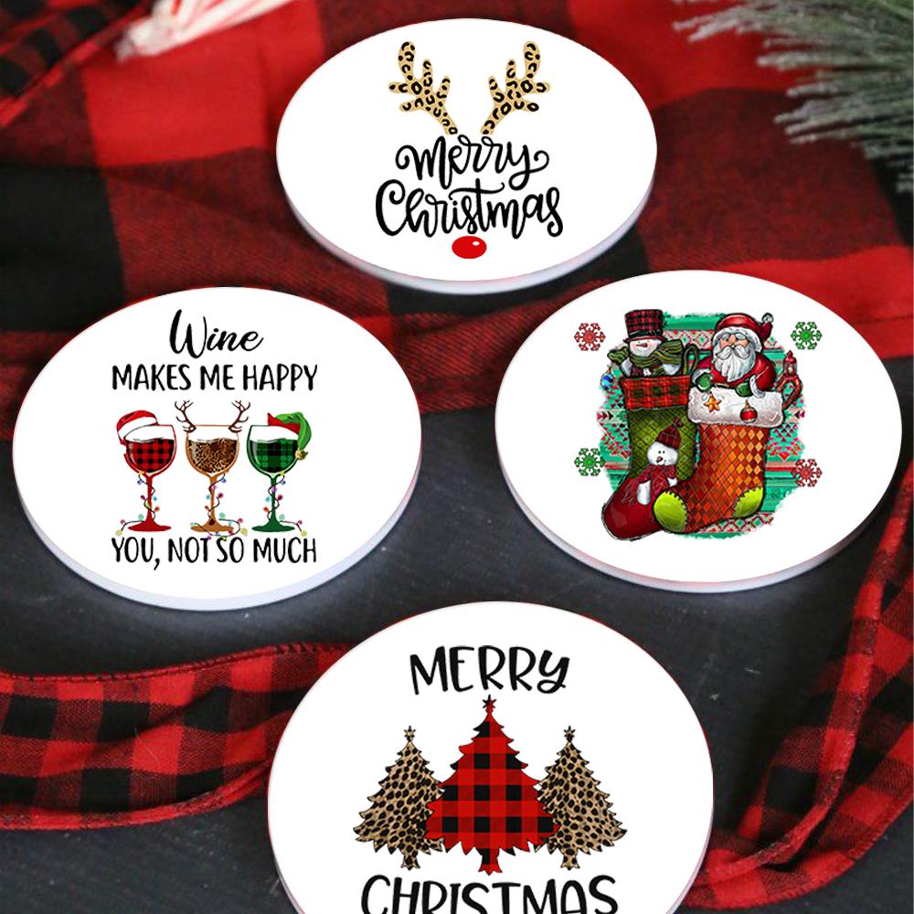 Christmas Coasters with Holder Best Absorbent Coasters Gift Round Cup Mat Housewarming Gifts for Home Kitchen Decorations
