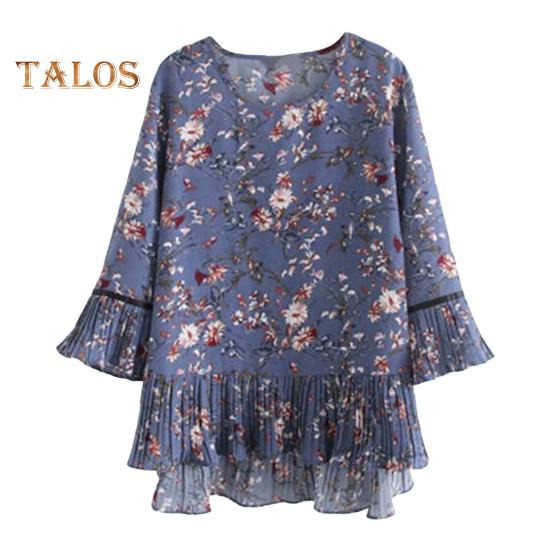 

Летние женские топы с круглым вырезом и рукавами 3/4, футболка с рюшами по подолу, свободная шифоновая блузка с цветочным принтом, уличная одежда 3XL синий