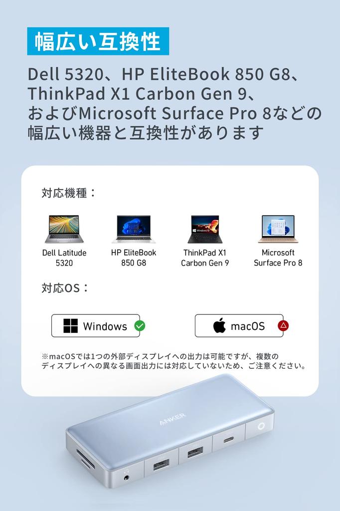 ANKER 575 Hub Duální 100W USB PD Kompatibilní 3 Výstupy na Obrazovku 4K HDMI Port Display Port Odpojitelný Kabel 50cm Slot pro microSD SD Kartu Ethernetový Port 10Gbps