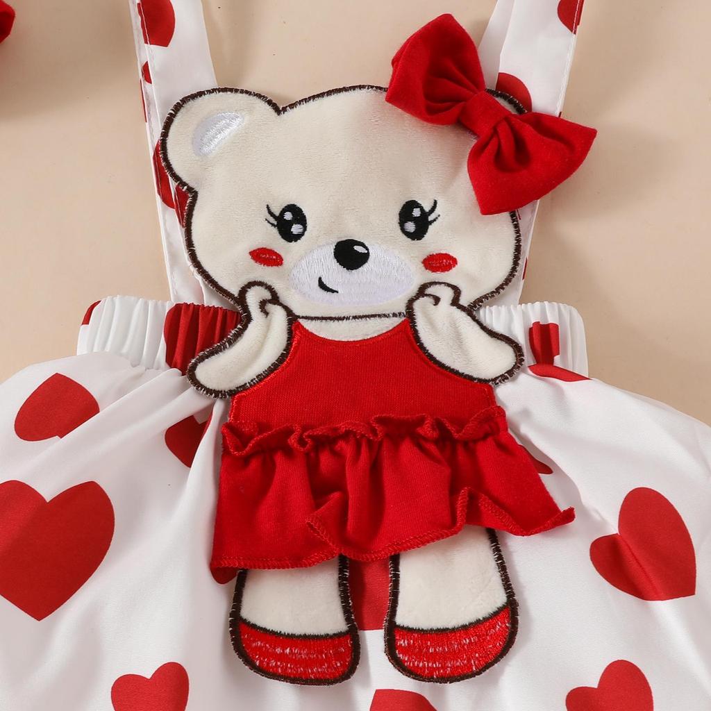 Autumn/Winter Red Baby Girl Bodysuit Set: Long Sleeve Romper, Bear Pinafore Dress, and Headband