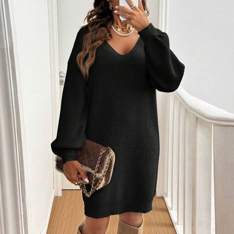 Autumn Women's V-Neck Bowknot Sweater Dress - Loose Knit Pullover