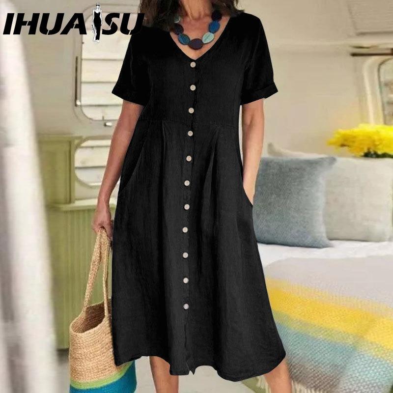 IHUASU Women Summer Casual Cotton V-Neck Short Sleeve Button Dress