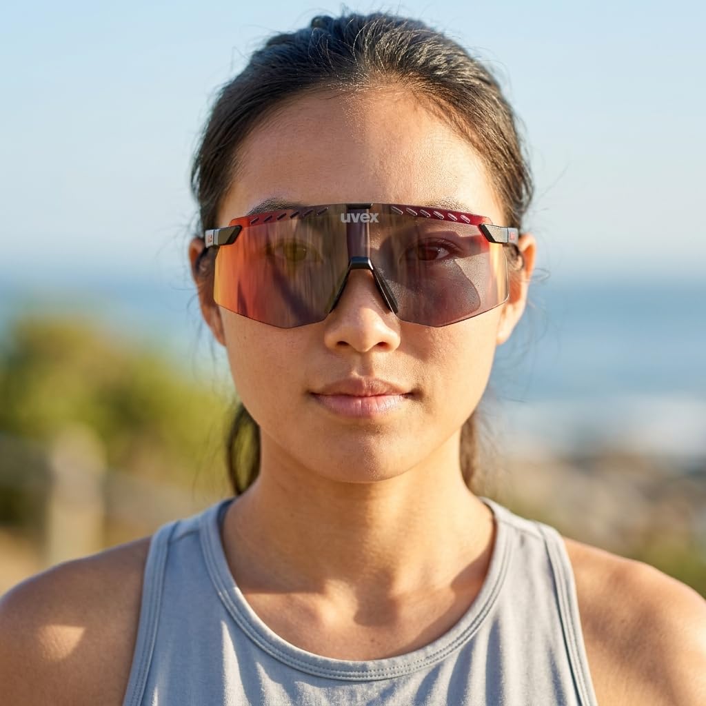 Sports Sunglasses UV400 Mirror Lens Pace Stage Black Matte [Uvex] Anti-fog Cycling/Running/Outdoor (Red)
