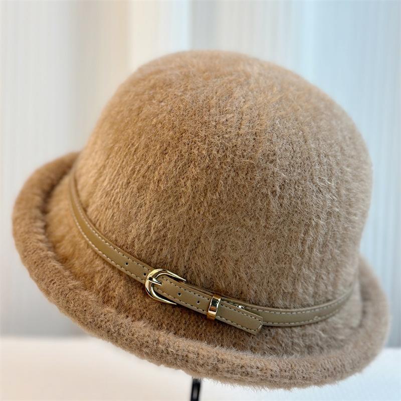 New Belt Buckle Wool Hat Women's Autumn and Winter Simple Top Hat Bucket Hat Dome Basin Hat