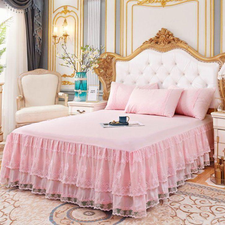 Princess Lace Ruffle Bed Skirt Set - Single Piece Bed Sheet & Mattress Protector
