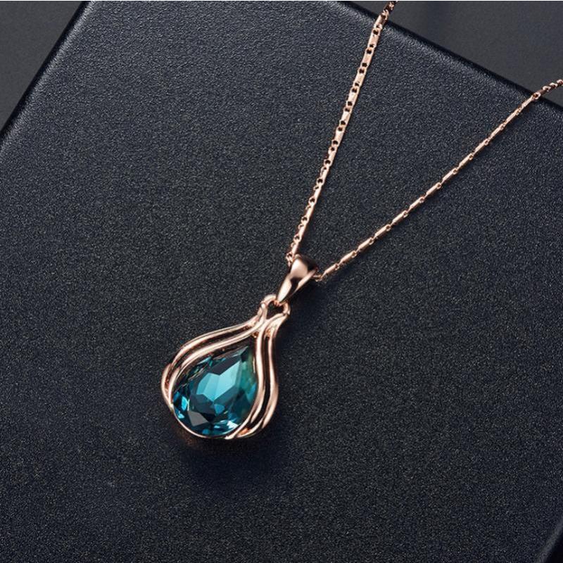 Fashion Geometric Rhinestone Necklace Earring Set Elegant Blue Teardrop Shaped Crystal Necklace Jewelry Women Luxurious Necklace