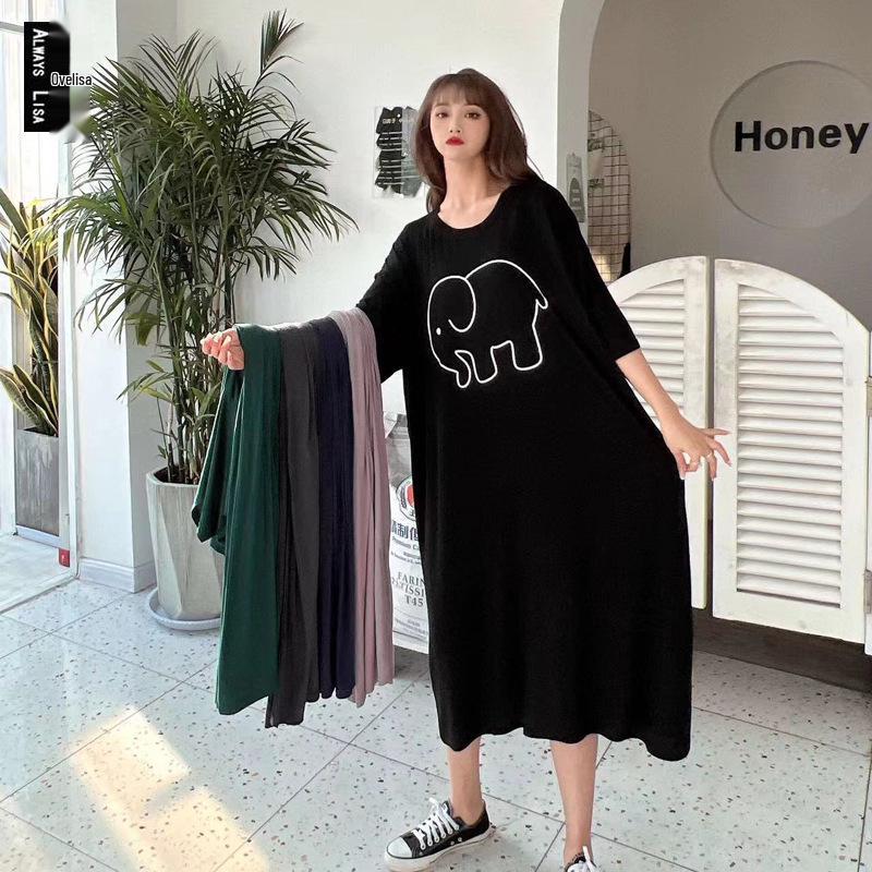 Elephant Print Modal Nightdress - Round Neck, Short Sleeve, Lightweight Summer Loungewear.