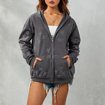 Women Long Sleeve Hoodie Jacket, Over-Size Style Star Pattern Vintage Streetwear Zipper Down Clothes