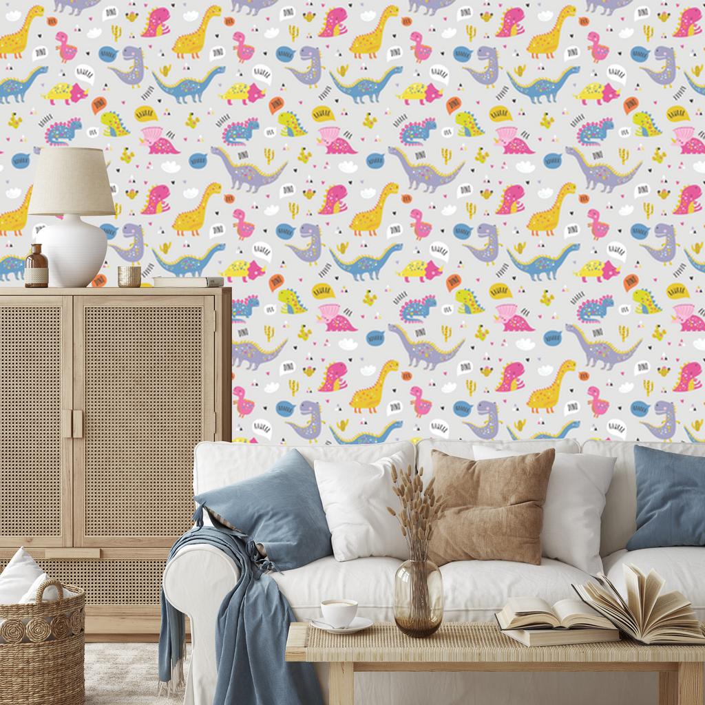 Wallpaper Colorful Dinosaurs Flowers Nature for Living Room and Bedroom 50x1000