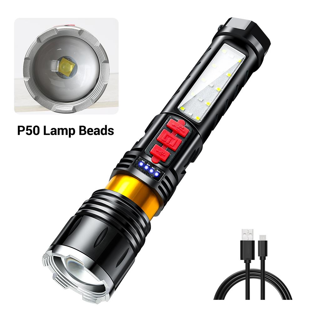 Bright P50 LED Flashlight Type-C USB Rechargeable Flashlights Telescopic Zoom Torch Waterproof Flashlight with A Buzzer Alarm