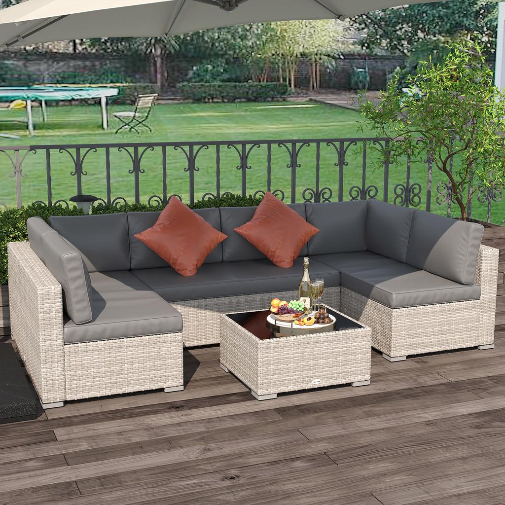 6 Seater Outdoor Rattan Sofa Set with Tempered Glass Coffee Table & Cushions, Deep Grey