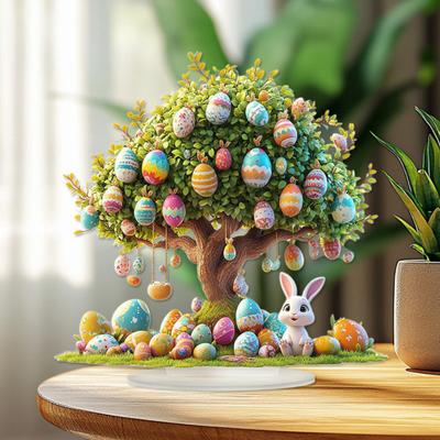 2D Flat Easter Egg Tabletop Sign Acrylic Colorful Easter Egg Tree Desktop Ornament for Spring Party Home Decor