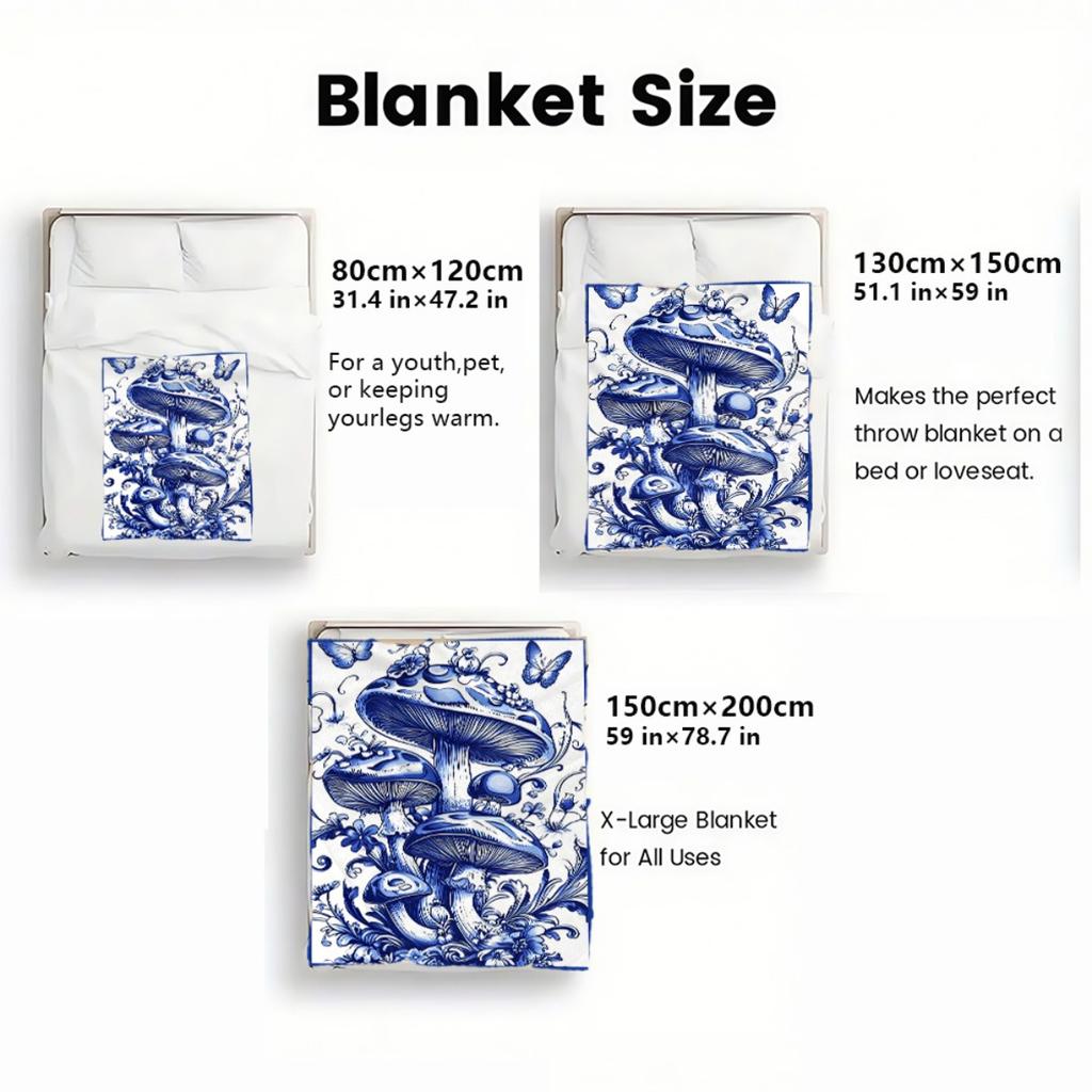 Blue and White Mushroom Alchemy Art Flannel Blanket Chinese Style Porcelain Pattern Soft Cozy Throw Cover Home Decor Fantasy