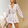 Europe Station Europe and America V-neck Long-sleeved Dress Short Skirt Skirt