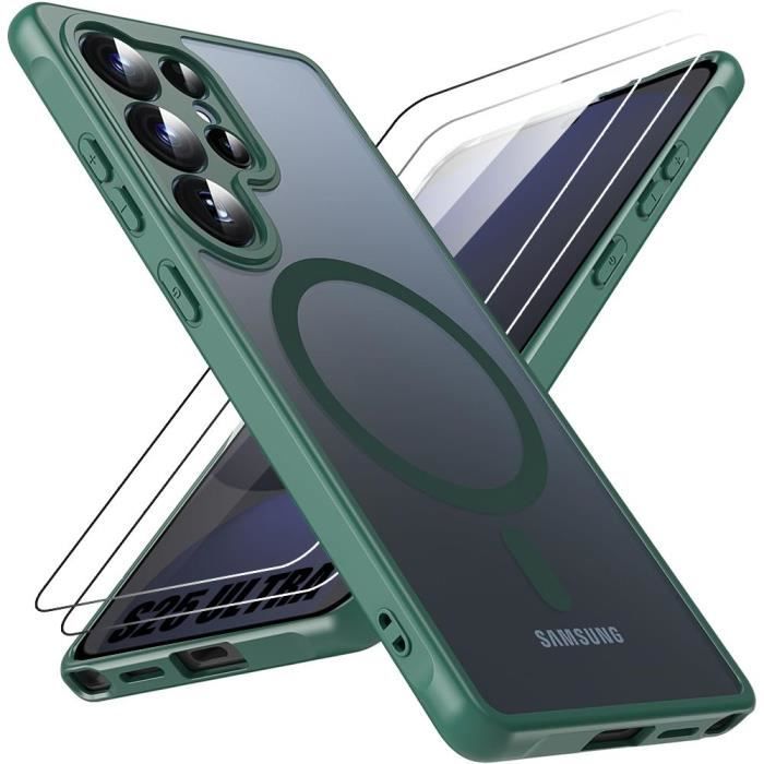 Coque et 2 Verres Trempés pour Samsung Galaxy S25 Ultra, Protection Caméra Anti-Rayures Intégrée - Vert Nuit