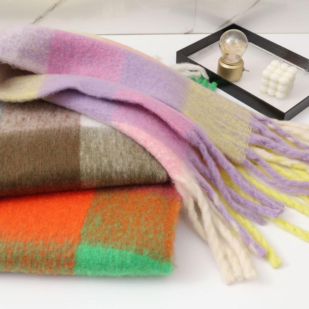 Women's High-Grade Colorful Plaid Mohair Scarf - Thick, Warm, and Versatile for Winter
