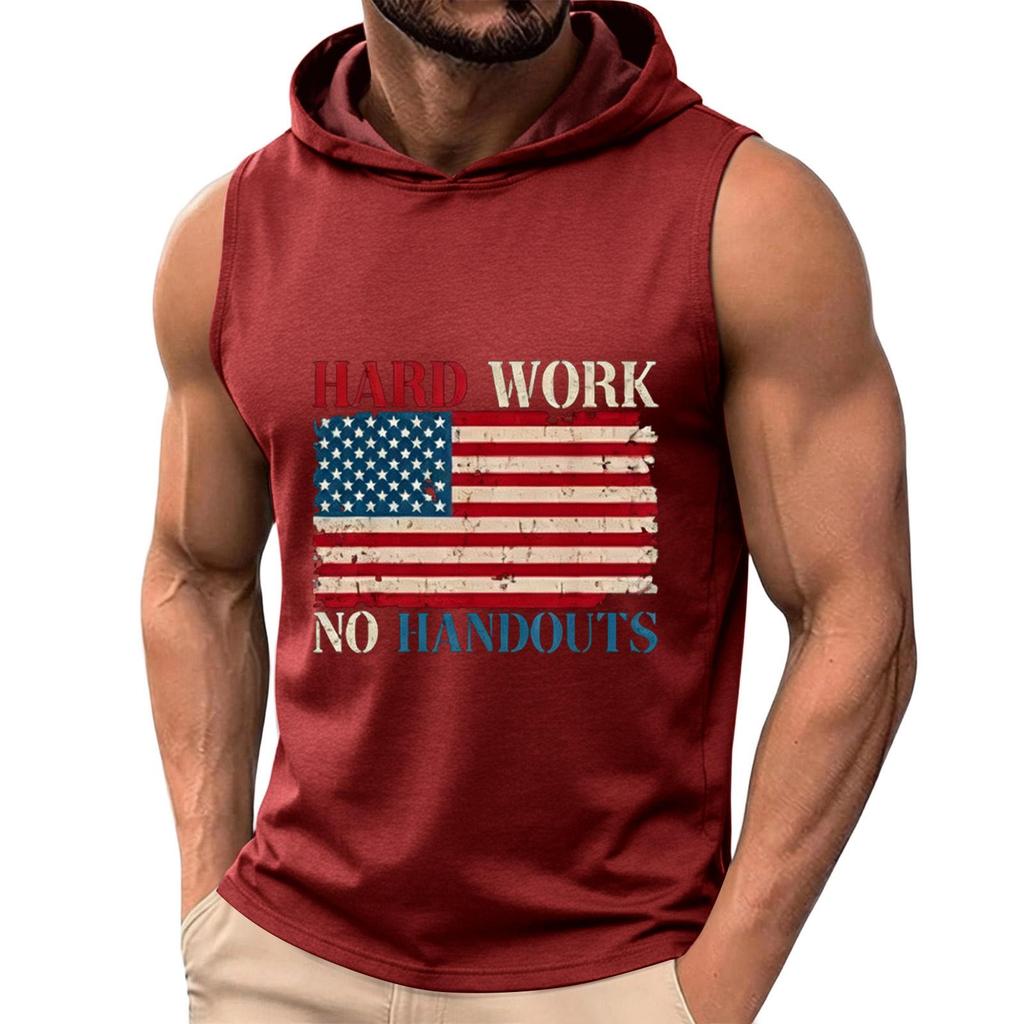 Men's Sleeveless Hoodie Tank Top Casual Muscle Shirt with American Flag Graphic Print Hard Work No Handouts Design for Summer