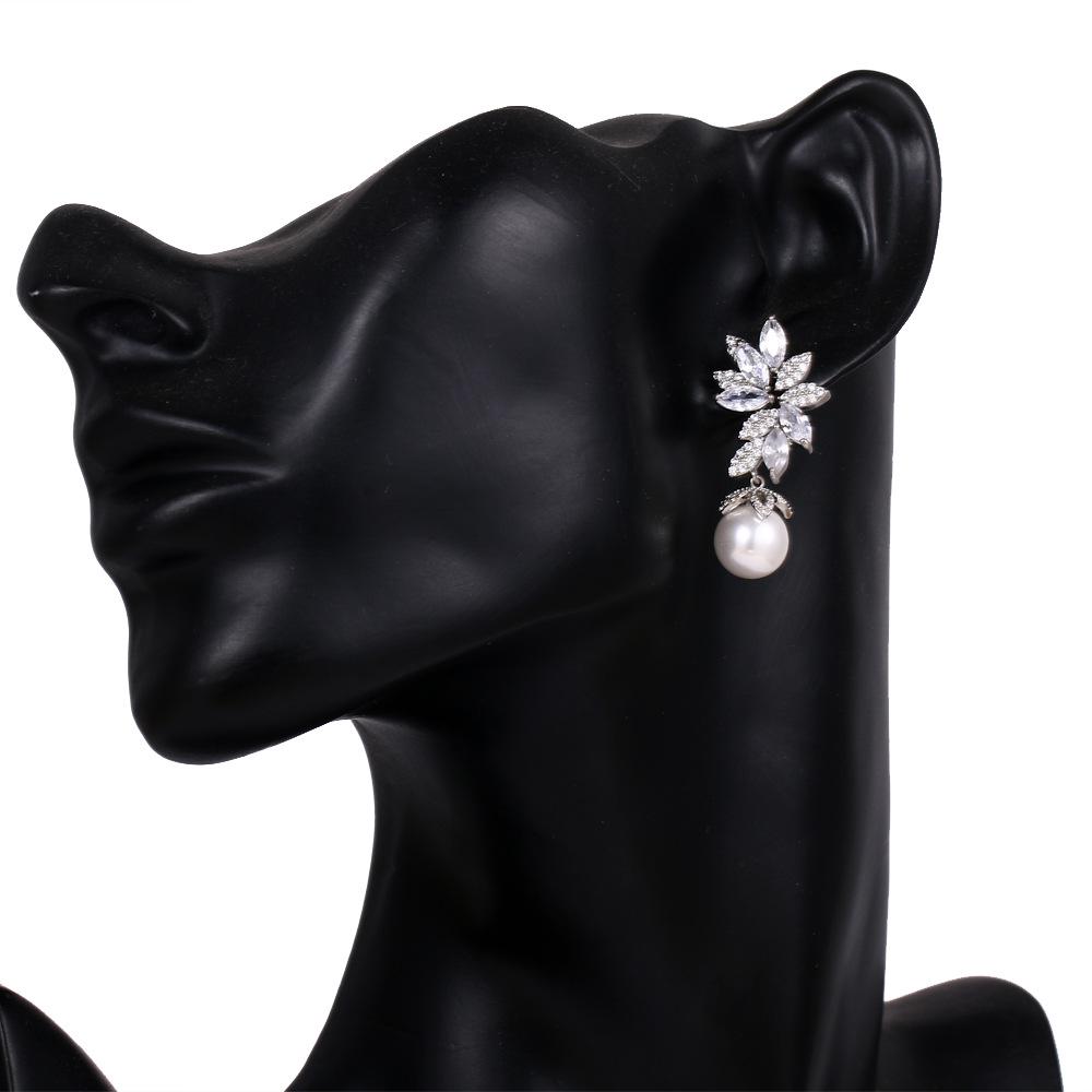 Silver Flower Zirconia Pearl Dangle Earrings for Women