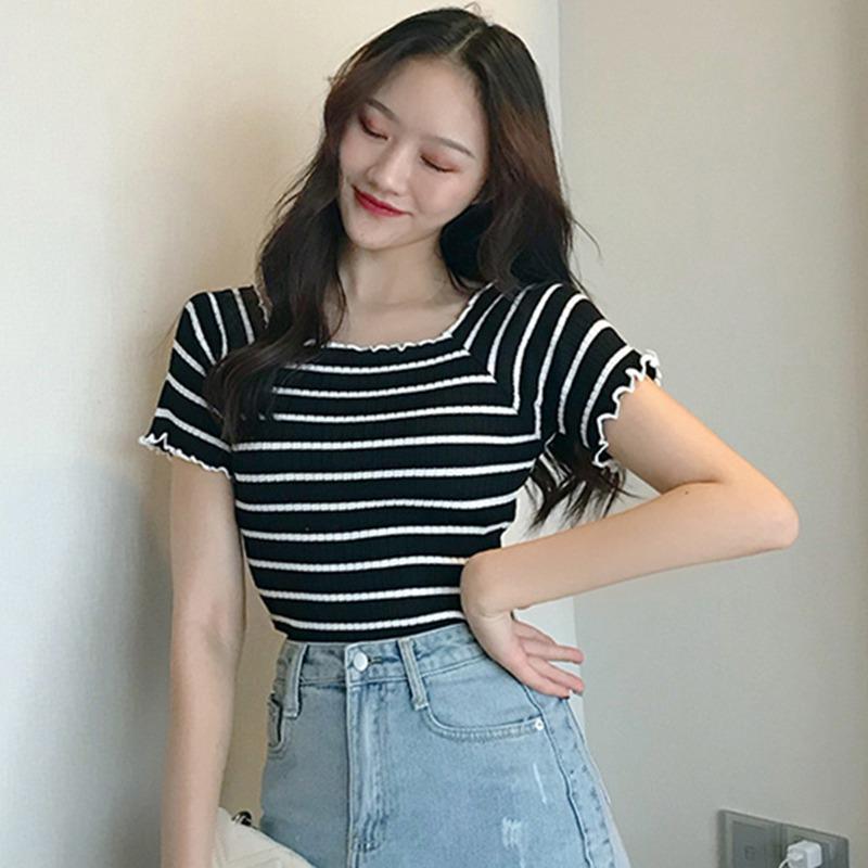 Women's Slash Neck Striped Short Sleeve Knitted Ruffles T-Shirt