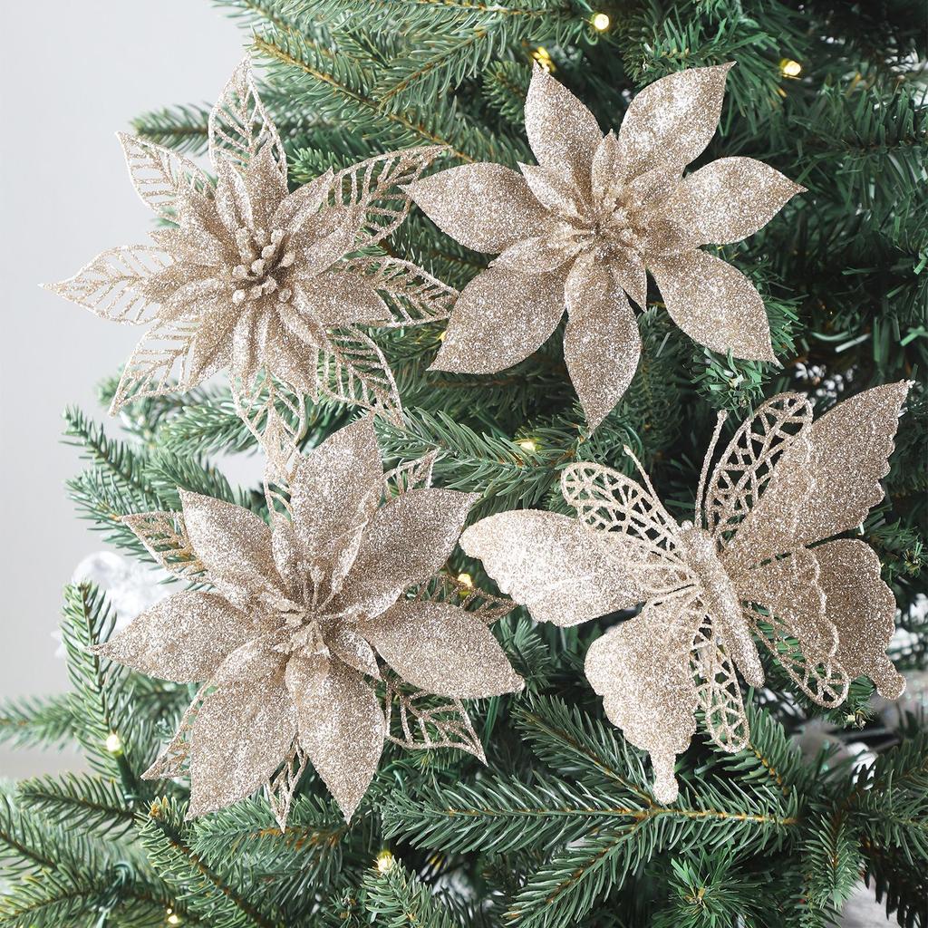 Champagne Gold Butterfly Poinsettia Glitter Flowers, 12-Piece Christmas Tree & Wreath Decoration Set