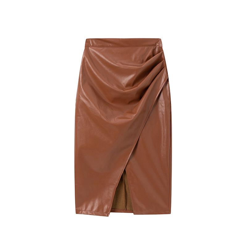 2025 Spring/Summer Women s PU High-Waisted Zipper Ruffle Skirt - European & American Sexy Fit XL коричневый