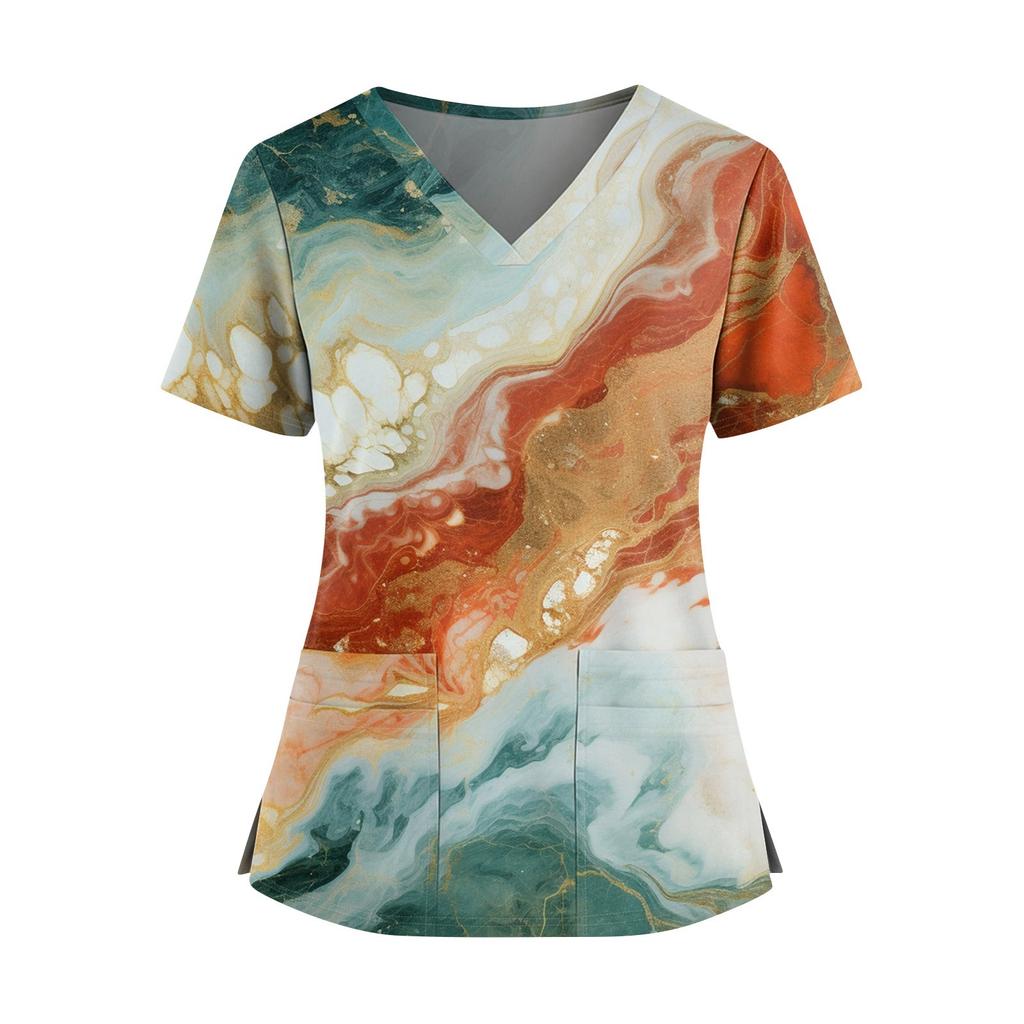 Women's Fashionable Printed V Neck Double Pocket Short Sleeved Shirt With Slit Hem Uniform And Worker Top