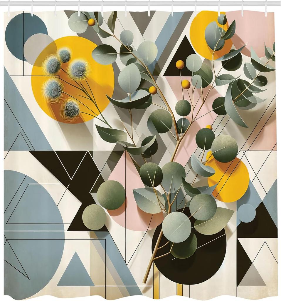 Eucalyptus Leaves Shower Curtain, Retro Mid Century Modern Branches On Triangles And Circles, Cloth Fabric Bathroom De