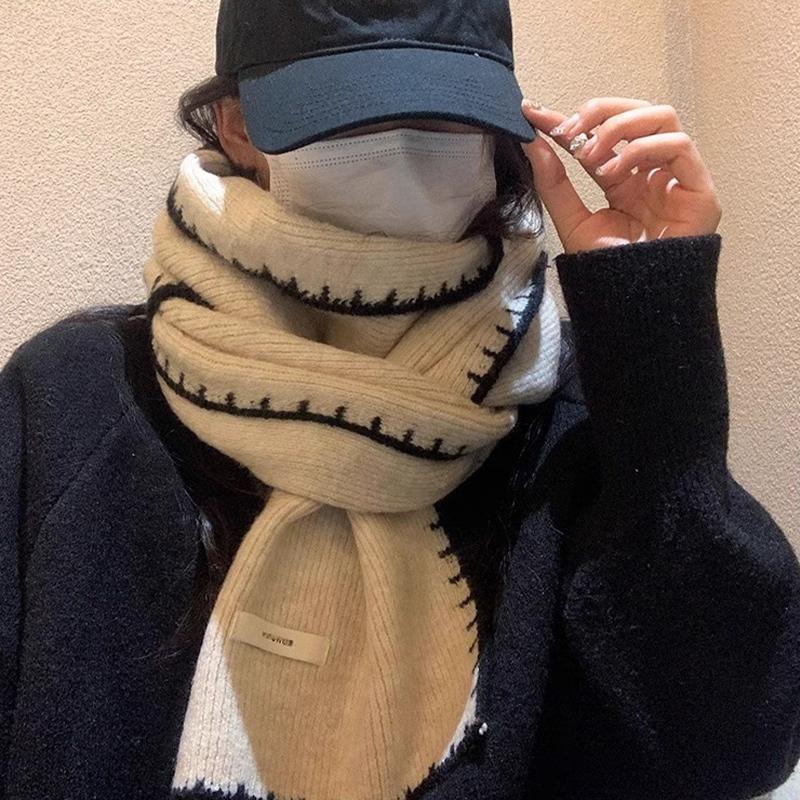 

Korean Contrast Knitted Scarf Winter Keeping Warm Fashion Retro Versatile Scarf бежевый