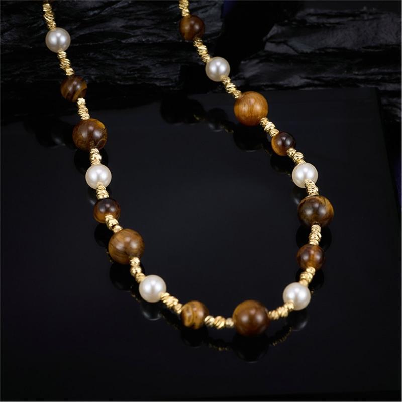 Natural Tigers Eye Stone And Pearls Beaded Necklace Handcrafted Sturdy Hand strung Beaded Necklace For Elegant Occasions