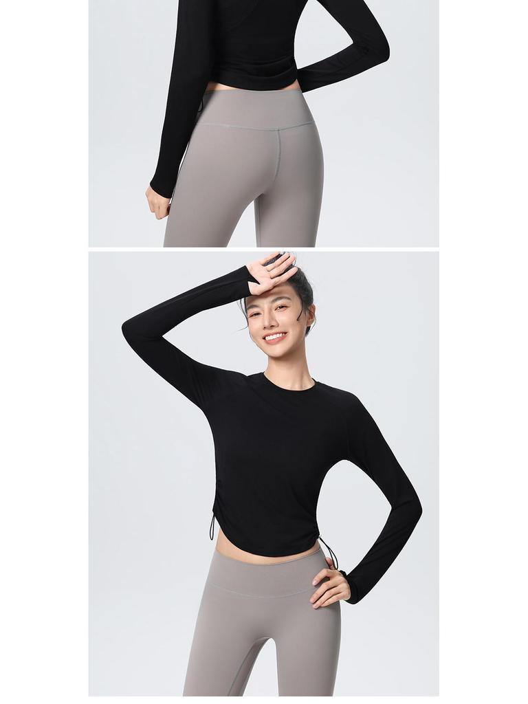 Women's Long Sleeve Slim Fit Yoga Top - High Stretch, Quick Dry, with Side Drawstring for Fitness & Running (Autumn/Winter)