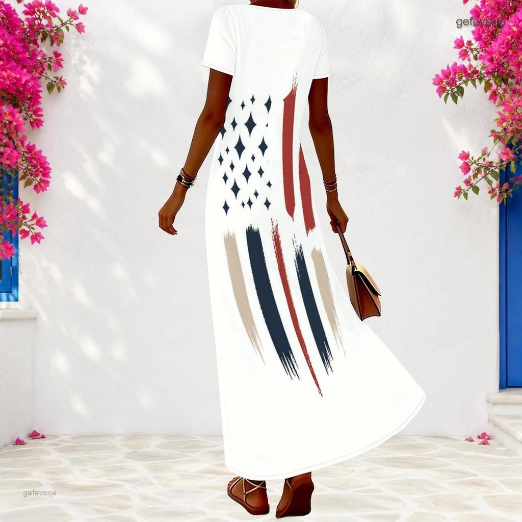 Women Plus Size V Neck Short Sleeve Loose Printed American Flag Long Maxi Dress