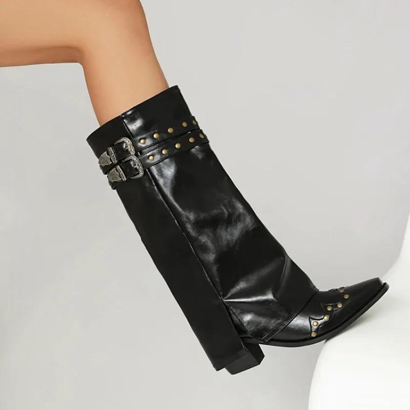 Fashion Metal Rivet Belt Buckle Western Cowboy Knee High Boots Fashion Square Headed Knight Boots Shiny Cool Spicy Girl Motorcycle Boots