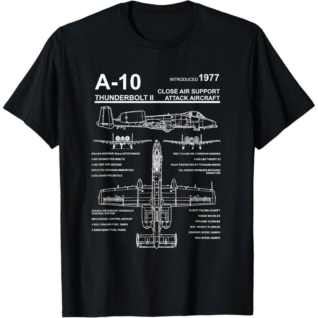 A-10 Thunderbolt II Aircraft Blueprint Graphic Tee Casual Round Neck Cotton T-Shirt for Men