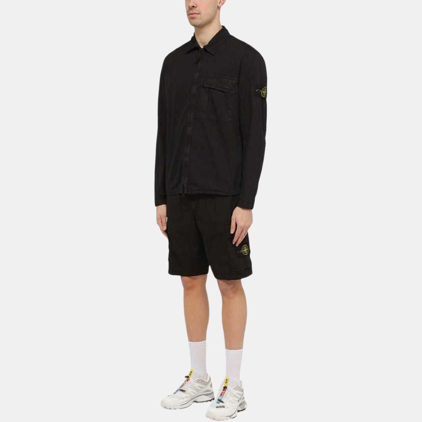 STONE ISLAND Ss24 Pocket Washed Distressed Brushed Cotton Pointed Collar Two-Way Zipper Shirt Jacket Men Jacket Black 8015119WN-V0120