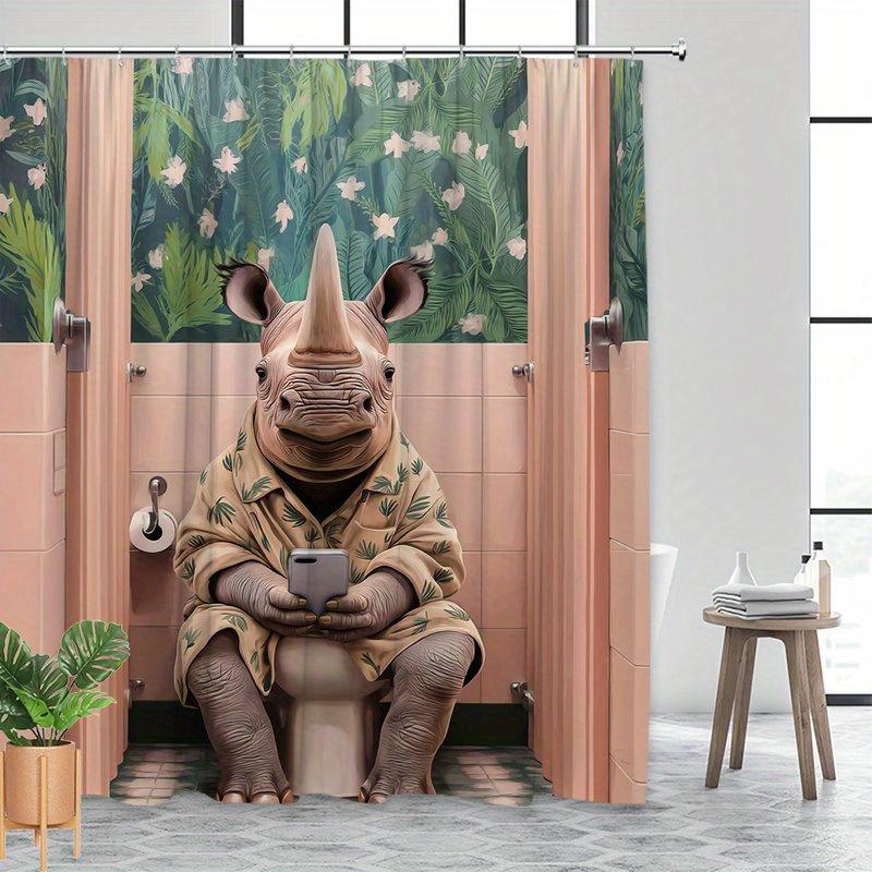 Waterproof Rhino Shower Curtain Jungle Tropical Floral Botanical Bathroom Decor Curtain 180x180cm