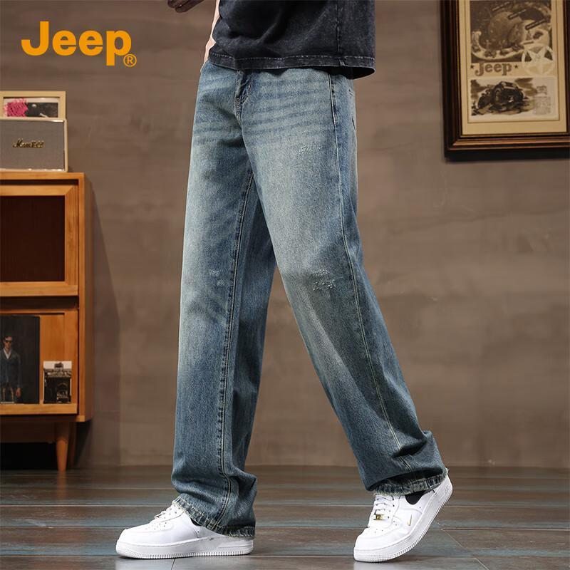 Jeep Men's American Retro Washed Loose Straight-Leg Jeans