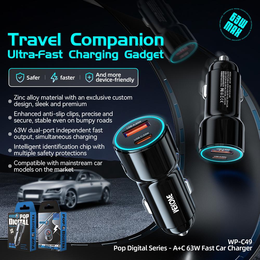 

WEKOME WP-C49 Pop Digital Series USB-A+USB-C 63W Fast Car Charger As Shown A
