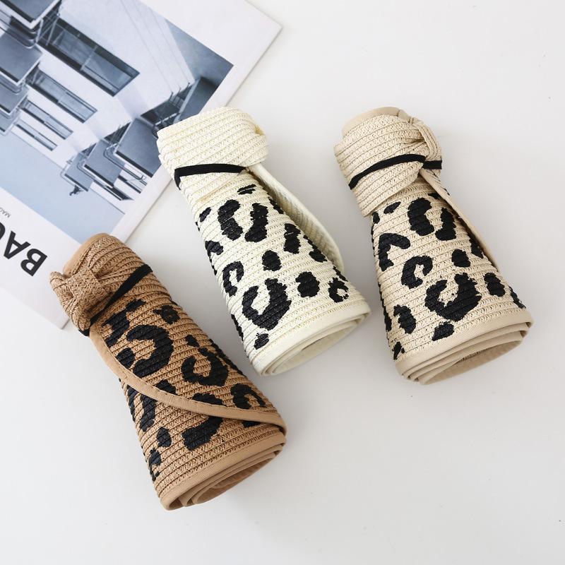Spring and Summer Fashion Female Leopard Print Empty Top Straw Hat Sunscreen Sun Hat Paper Woven Grass Bow Large Edge Adjustable Sun Hat