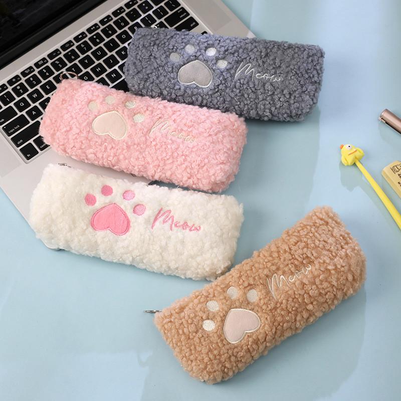 Cute Cat Paw Plush Pencil Case With Soft Material For Students And Girls