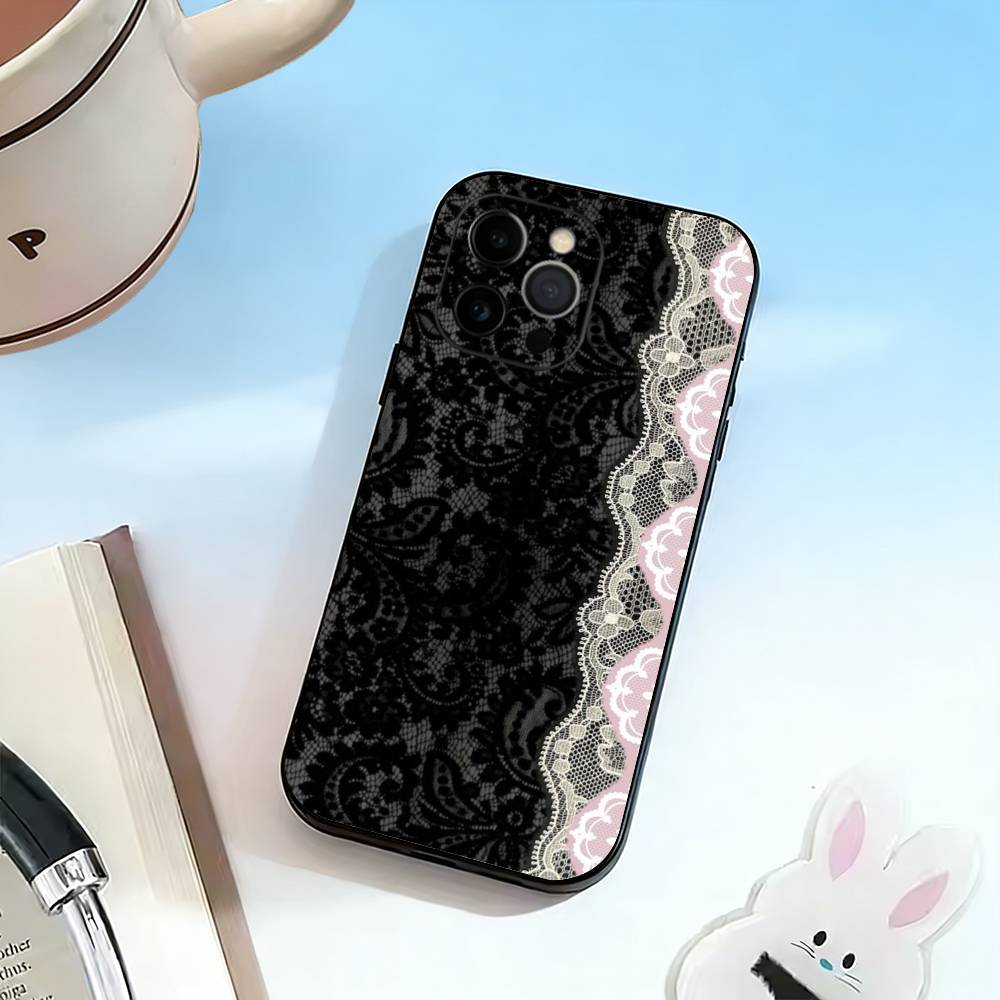 

Элегантный черный дизайн с кружевным принтом Чехол для телефона Для iPhone 17,16,15,14,13,12,11 Plus,Pro Max,XS,Мягкий силиконовый черный чехол iPhone13
