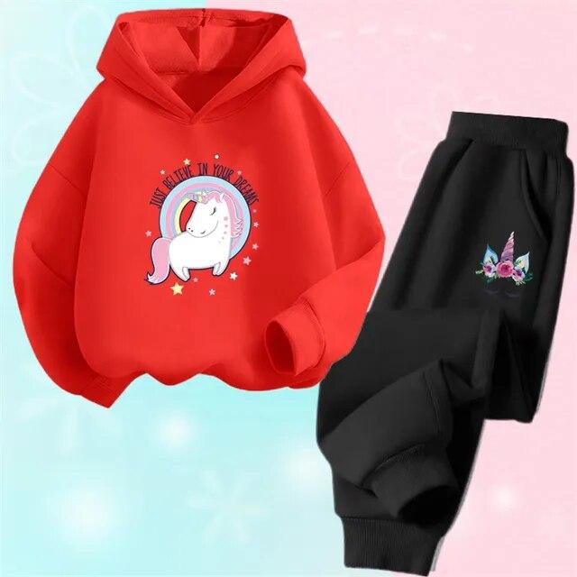 Spring Fall Girls Unicorn Sport Clothing Set Kids Outfits Hoody Sweatershirt Pants Children Fashion Thin Tracksuit