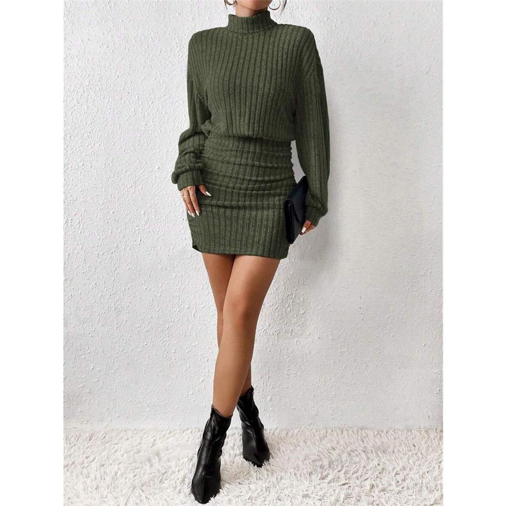 

Women s Long-sleeved Turtleneck Pit Strip Knit Sexy Tight Short Dress S
