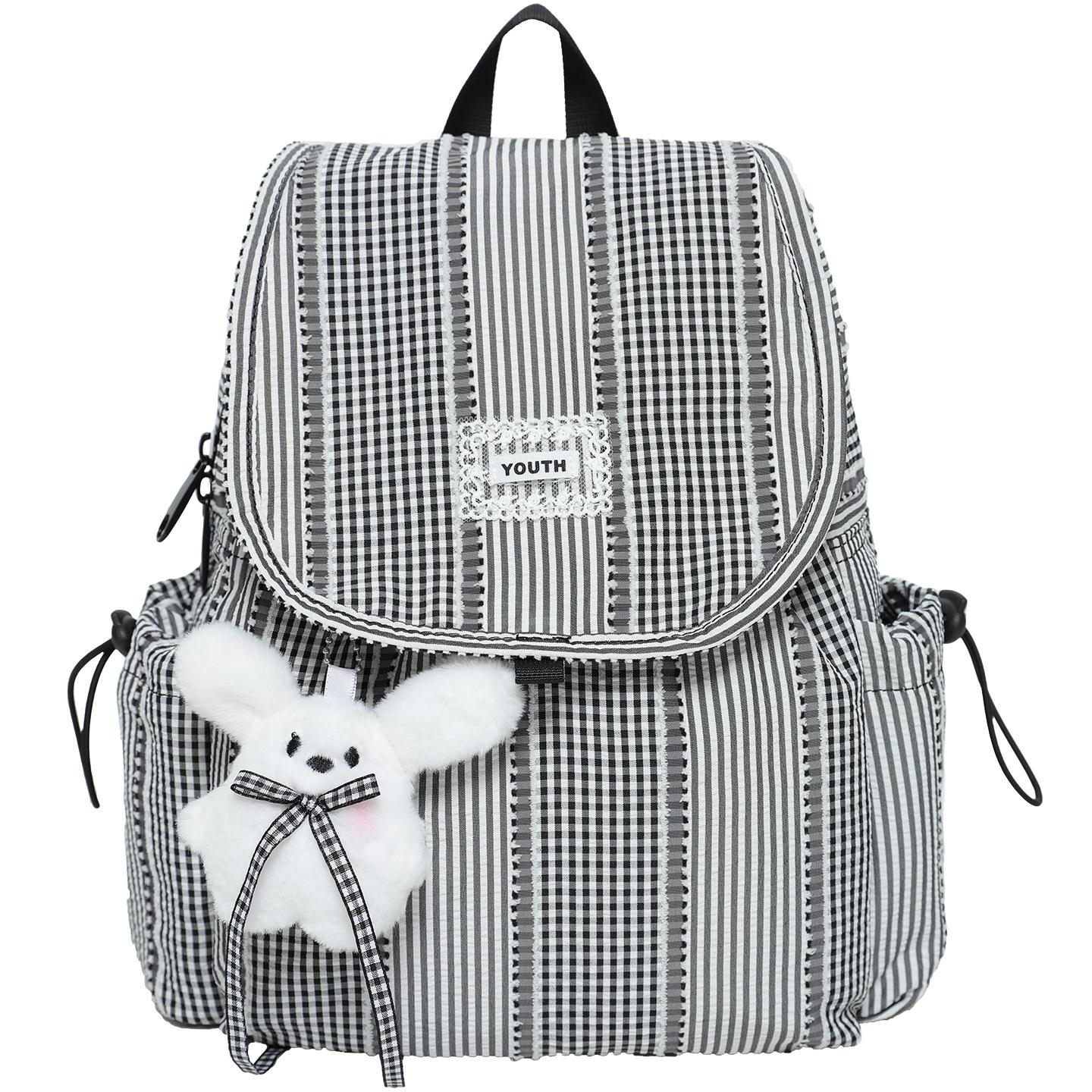 

Korean canvas backpack, student school bag, ins niche plaid collegiate style casual backpack, women s flap backpack чорний
